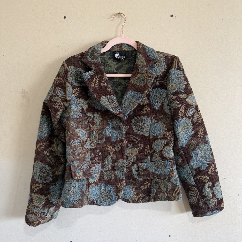 Vintage 90s First Option Floral Tapestry Blazer Jacket Small Brown Teal